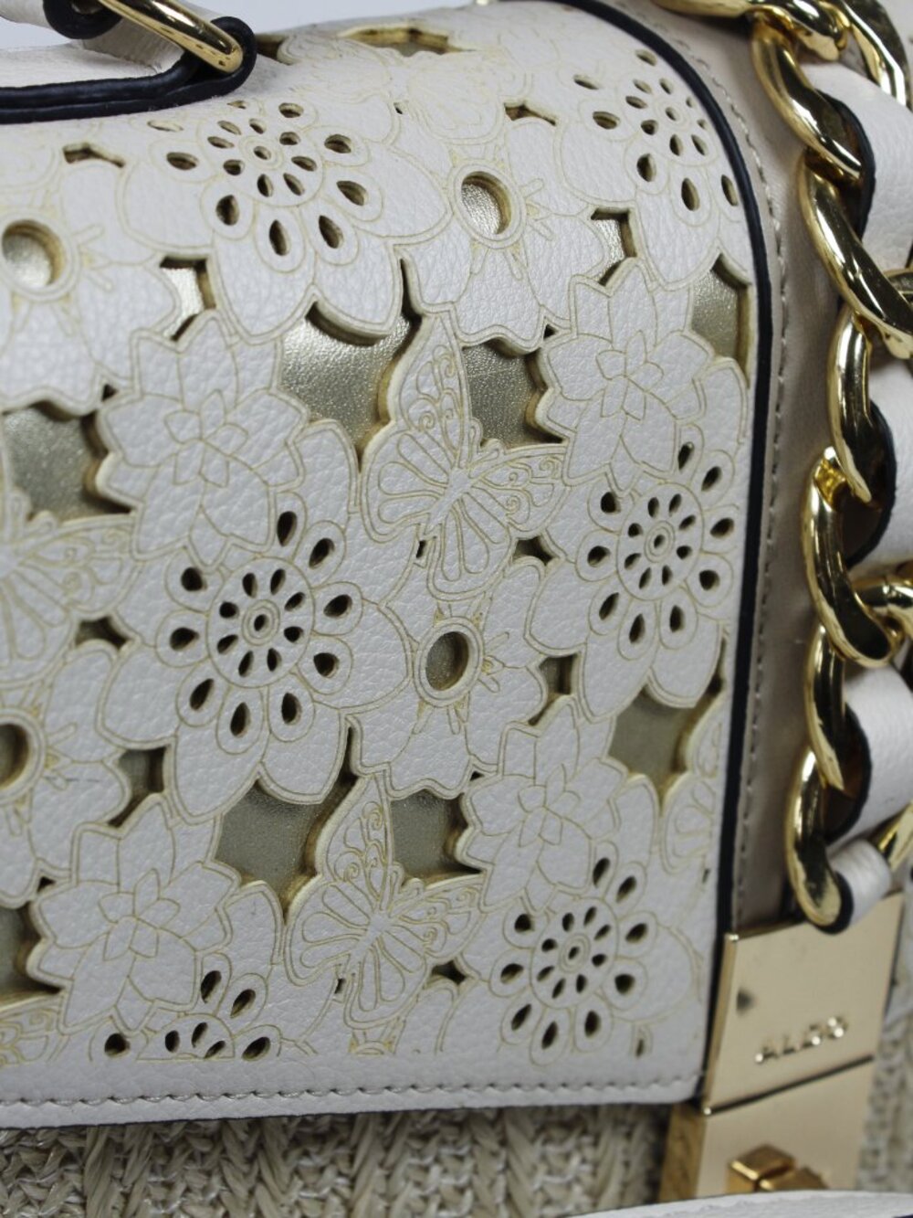 Aldo Beige Satchel Bag with Laser-Cut Floral Flap and Gold Chain - Picture 7 of 10